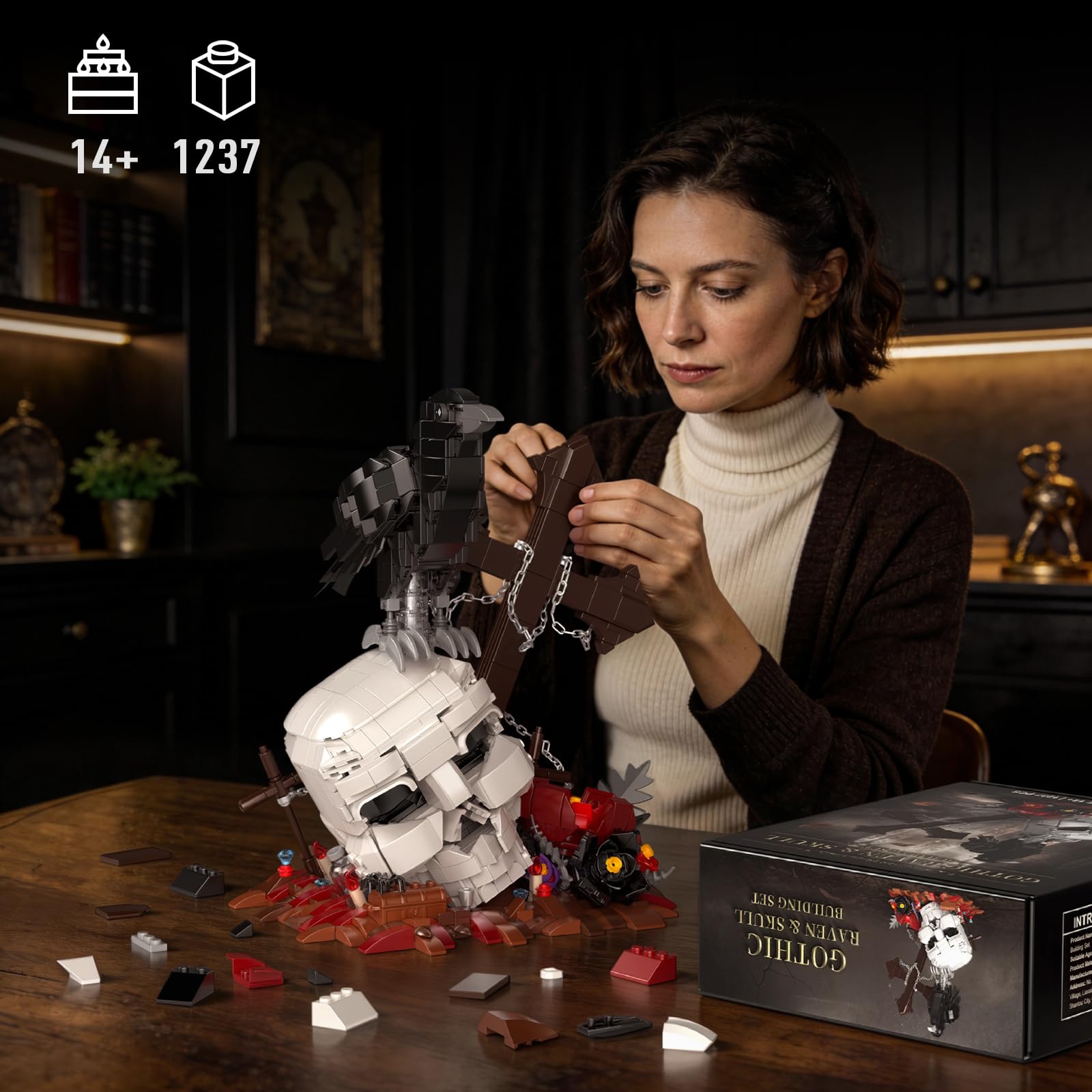 Vziimo Skull & Tiere Bausteine, Gothic Blume und Tier Klemmbausteine, Halloween Deko Modell mit Spider und Vogel, MOC Creator Geschenk für Erwachsene ab 15+, 1237 Teile
