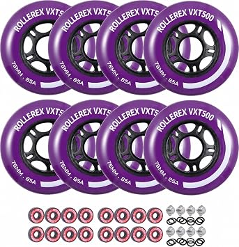 Rollerex VXT500 Inline Skate Wheels 8 Wheels w/Bearings, spacers and washers Various Size & Color Options Available - for Indoor, Outdoor, Hockey - Intended for Roller Blade Wheel Replacement