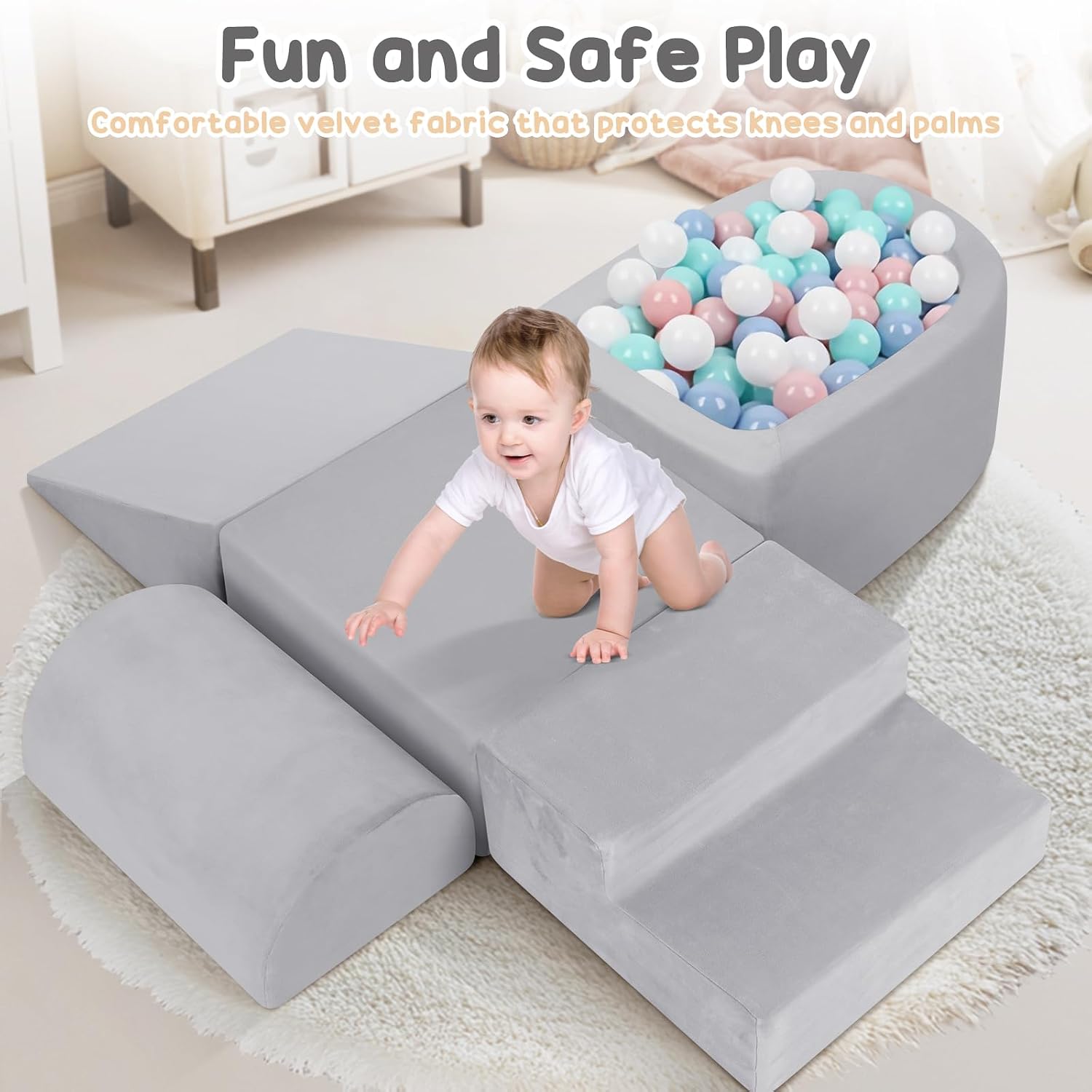 Foam Climbing Blocks for Toddlers 1-3, Toddler Climbing Toys Indoor, Climbing Toys for 1 Year Old, Kid Baby Climbing Blocks with Ball Pit, Soft Play Set Playground (Balls not Included) (Grey)