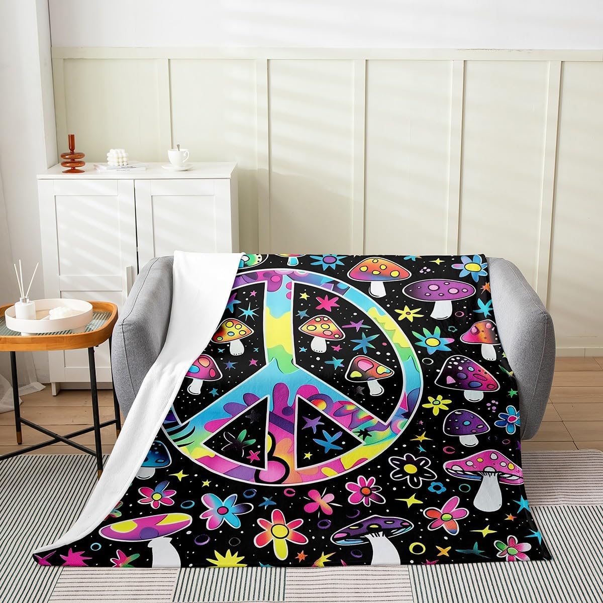 Erosebridal Peace Dove Blanket,Rainbow Peace Sign Throw Blanket 40x50,Garden Botanical Leaf Flowers Plants Fleece Blanket for Bed,White Purple and Yellow Fuzzy Blanket Bedroom Decor