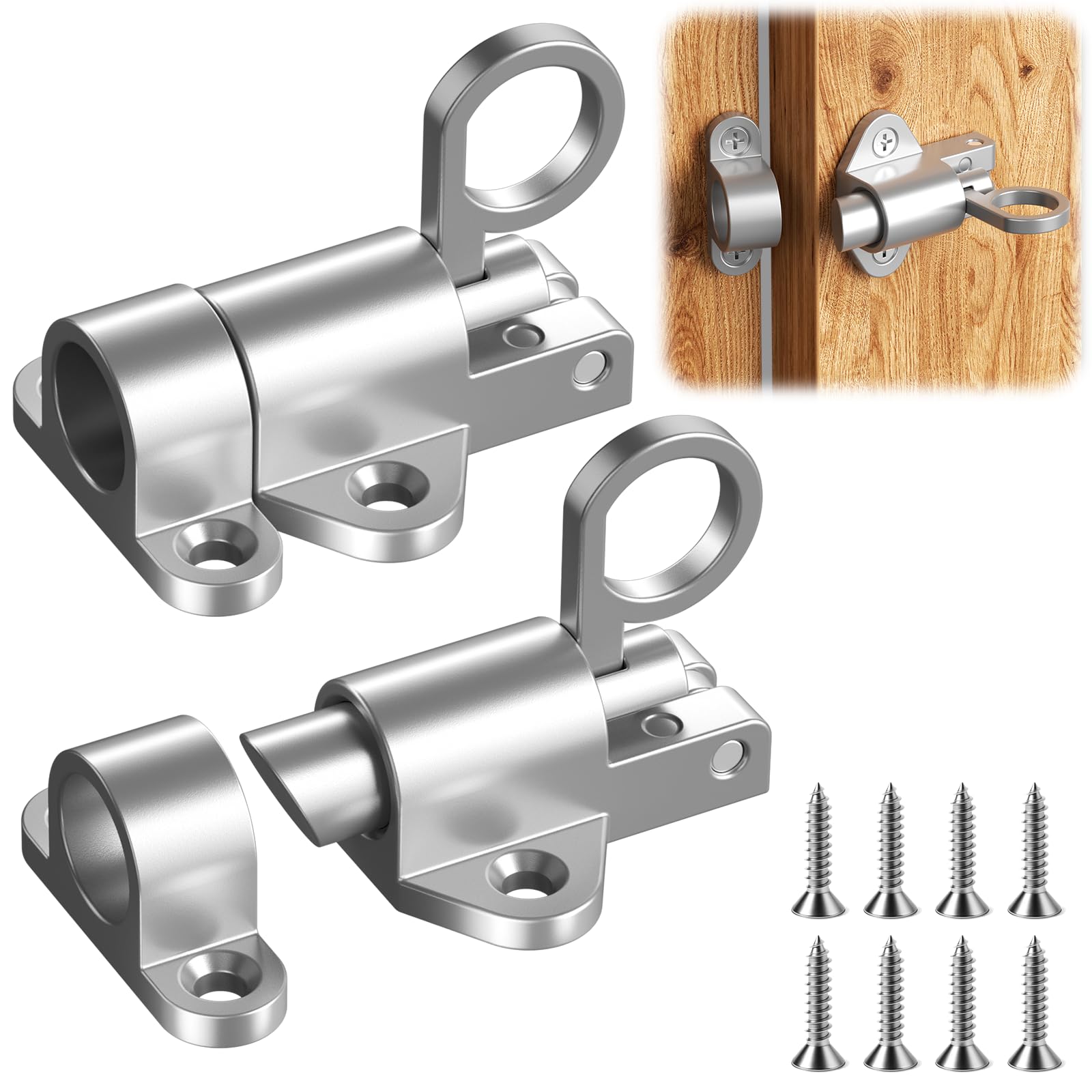 2 Pcs Door Bolt Spring Latch, Door Latch Silver, Gate Bolts for Wooden Gates, Latch Lock Silver Bolt for Windows, Cabinet Doors, Garden Gates, Animal Cages, etc (Silver)