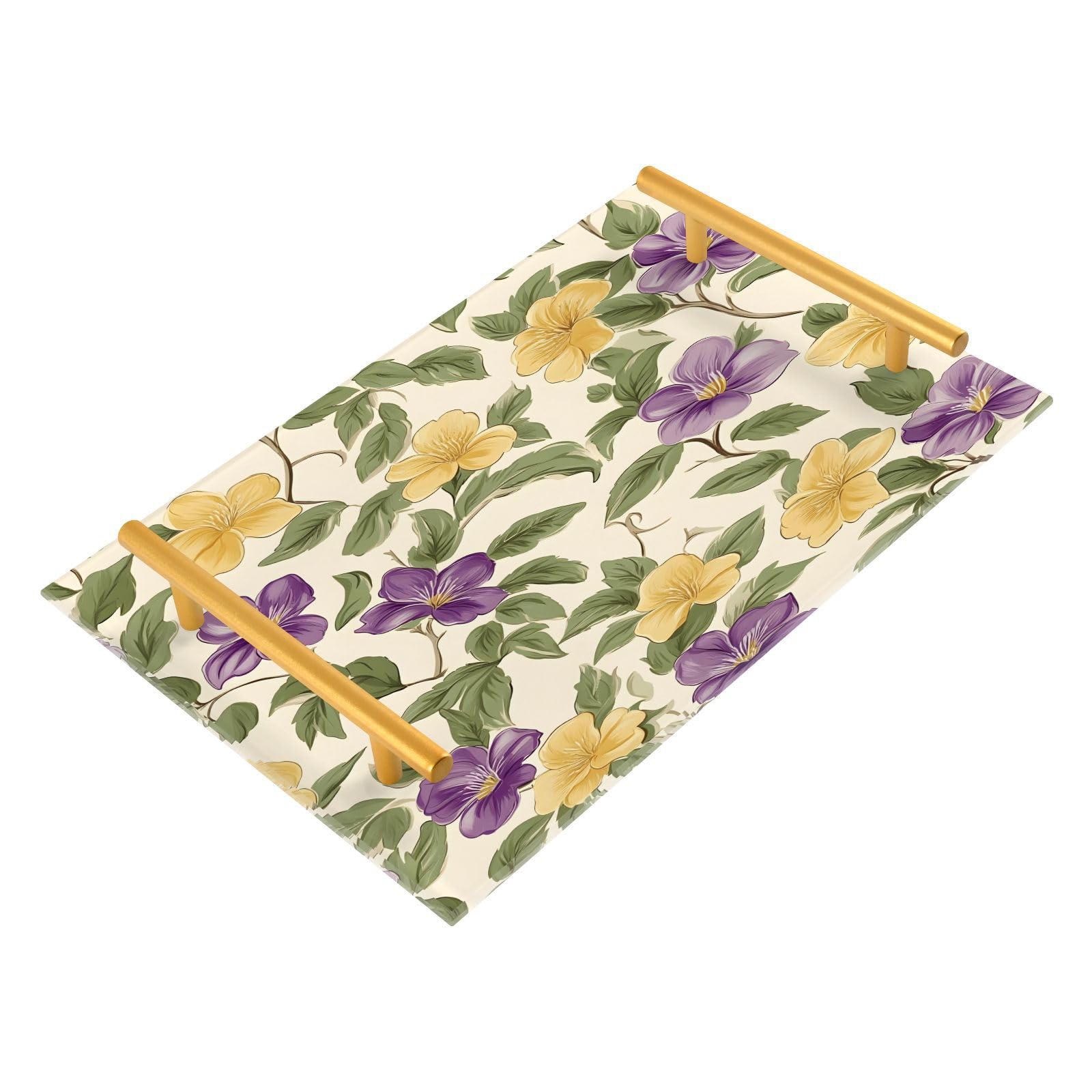 Wassud Bathroom Vanity Tray with Handles Flowers Spring Acrylic Jewelry Perfume Organizer for Bathroom Kitchen Counter 11.81