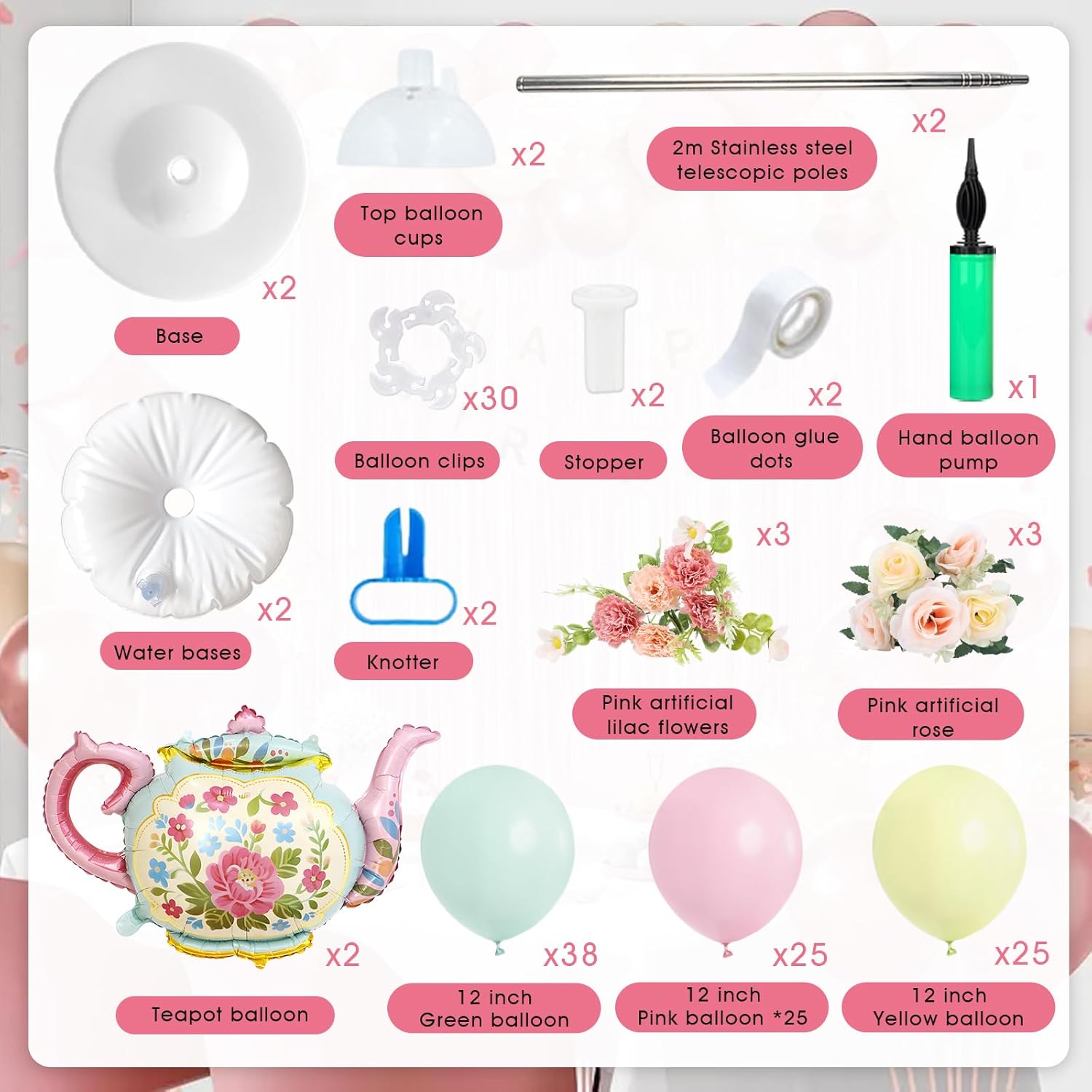 2 Sets Tea Party Balloon Column Stand Kit with Let's Partea Backdrop & 100 Balloons Adjustable Balloon Tower Stand with Bases for Girls Birthday Baby Bridal Shower Garden Party Decor Supplies