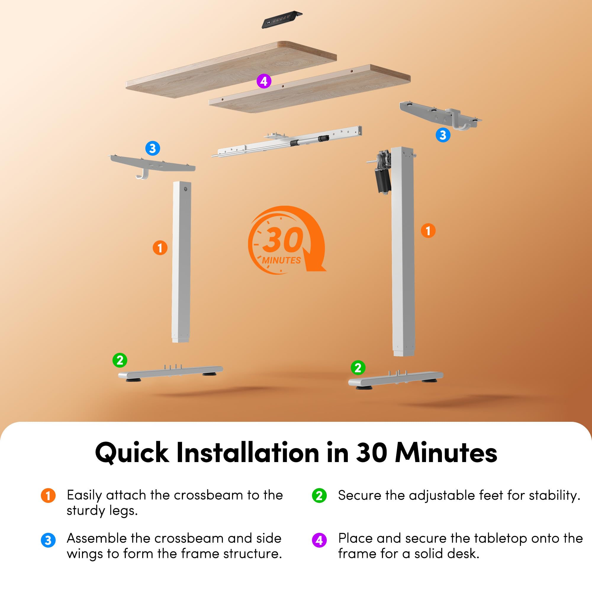 Cubiker Standing Desk, 32" Small Sit Stand Home Office Desk, Electric Stand up Desk, Adjustable Desk with Splice Board, White Frame/Maple Top view 6