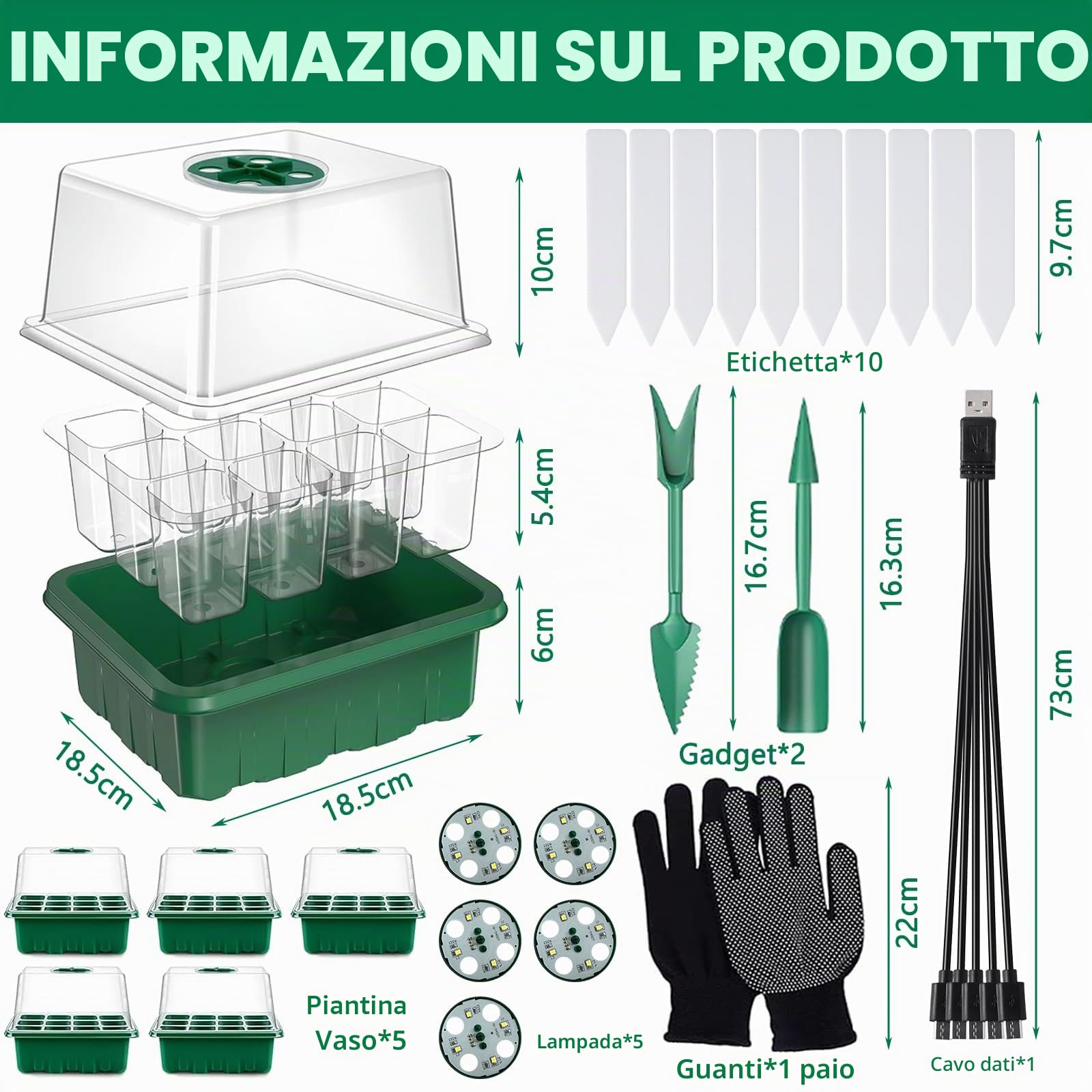 Mini Serra Germinazione, Set di 5 Vassoi per Germinazione Mini Serre con Luce per Piante,Vassoi per Coltivazione con Coperchio,10 Etichette,2 Strumenti,Guanti, Piantine Vassoio di Germinazione