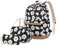 Junlion Flowers Backpack Kids School Bag 3-in-1 Bookbag Set, Laptop Backpack Lunch Bag Pencil Case Gift for Teen Girls Womens Daisy Black