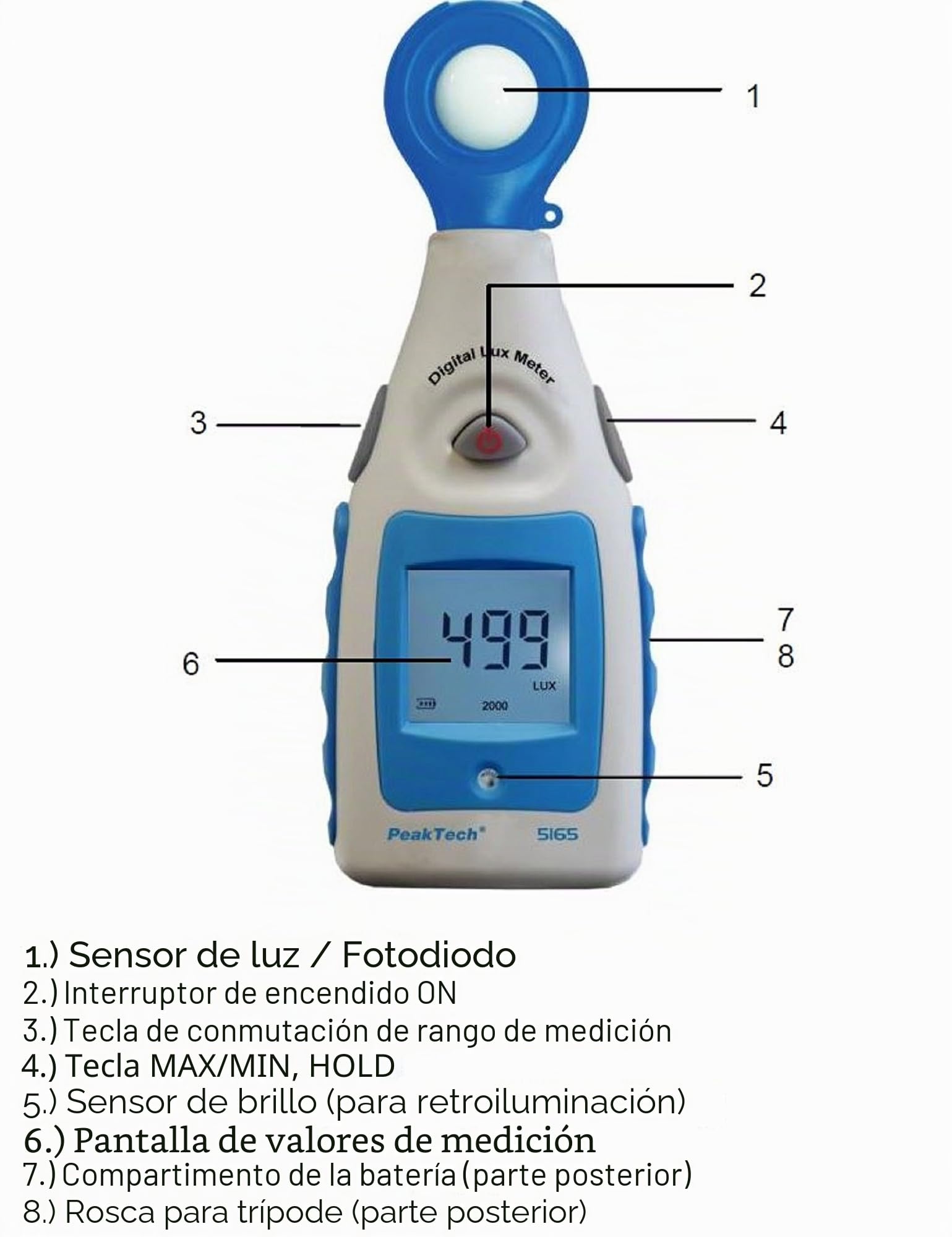 PeakTech, Luxómetro digital, medidor de luz, medidor de iluminación, medidor de brillo, dispositivo de medición con rango de medición de 0, 200000 lux, 1 pieza, P 5165