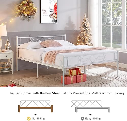 Miniatura 29 de VECELO Base de cama individual, plataforma de metal de tamaño individual con cabecera y estribo, soporte de listones de acero de alta calidad, no