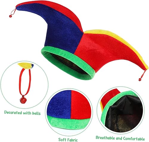 Miniatura 5 de Didiseaon 2 piezas de sombrero de bufón arcoíris para cosplay, sombrero de payaso con campanas, divertido accesorio de disfraz de bufón para Mardi