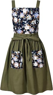 Pinknoke Vintage Floral Pinafore Apron Dress for Women with Pockets - Cute Chef Apron for Cooking Baking Gardening
