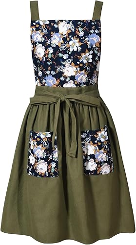 Pinknoke Delantal vintage para mujer con bolsillos, delantales florales para cocinar, hornear, jardinería