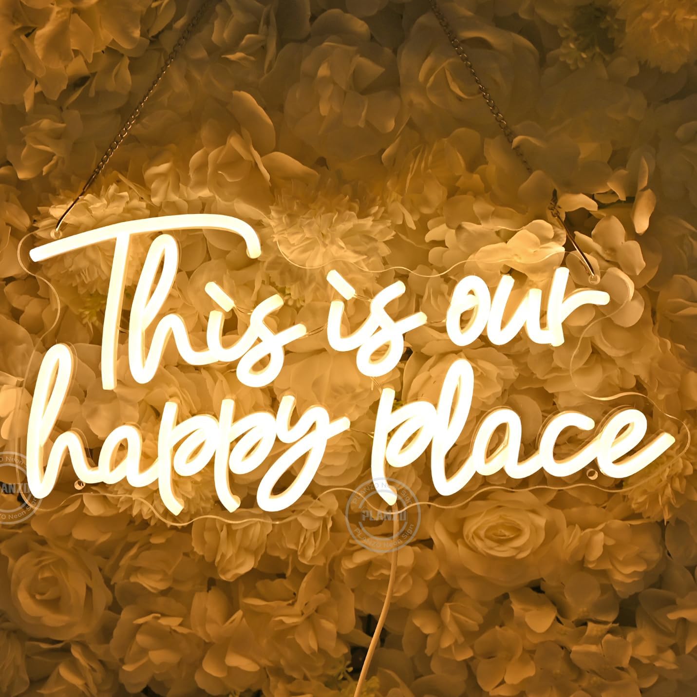 Planzo This is Our Happy Place Neon Sign Light Home Wall Art Bedroom Dorm Office Living Room Game Room Man Cave Business Cafe Store Decor Wedding Birthday Party Gift 5V USB Warm White