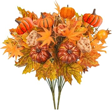 Artificial Fall Flowers Bouquet with Orange Pumpkins for Vase