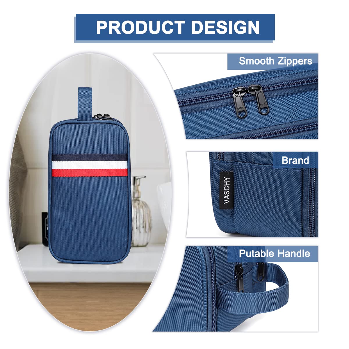 VASCHY Large Toiletry Bag, Waterproof Dopp Kit Travel Kit Case for Bathroom Makeup, Cosmetic, Shaving with Separate Compartments Blue