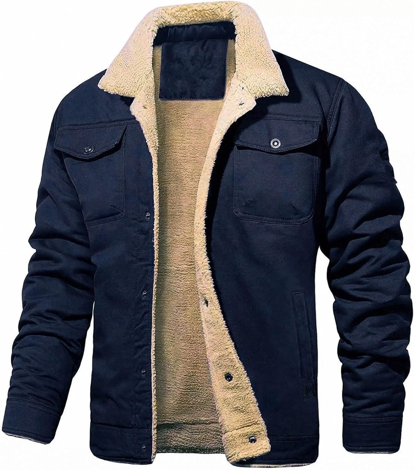 Men's Winter Jacket Thick Thermal Cozy Sherpa Fleece Lined Coat Trucker Lapel Cargo Jackets Plus Size Wind Breaker