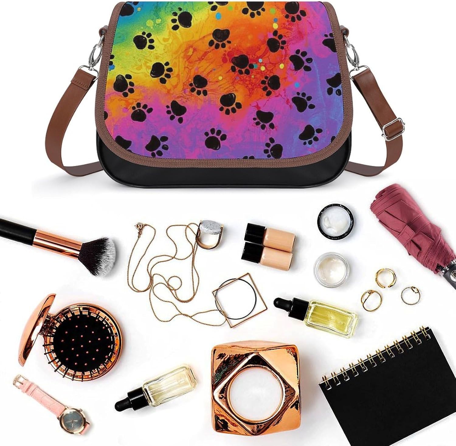 Rainbow PawsWomen's Faux Leather Crossbody Bag, Waterproof Wrinkle-Resistant Shoulder Bag with Detachable Strap, Large Capacity Casual Handbag, Fashion Daily Purse for Shopping Work Dating, Ideal Gift
