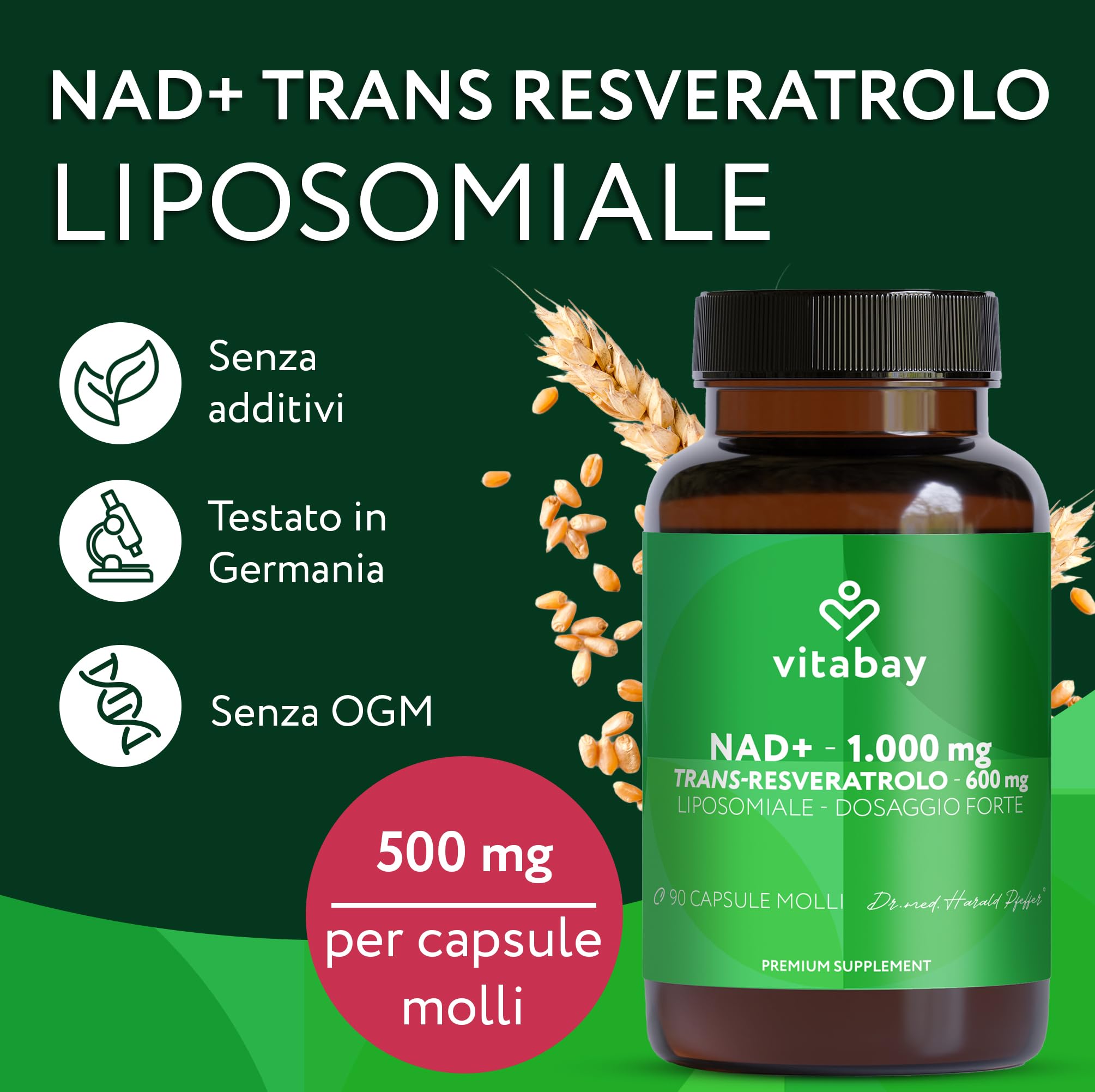 Vitabay NAD+ liposomiale 1000 mg con trans-resveratrolo 600 mg - 90 softgel vegane - alto dosaggio, vegano, testato in laboratorio in Germania - integratore NAD - senza OGM - 45 giorni