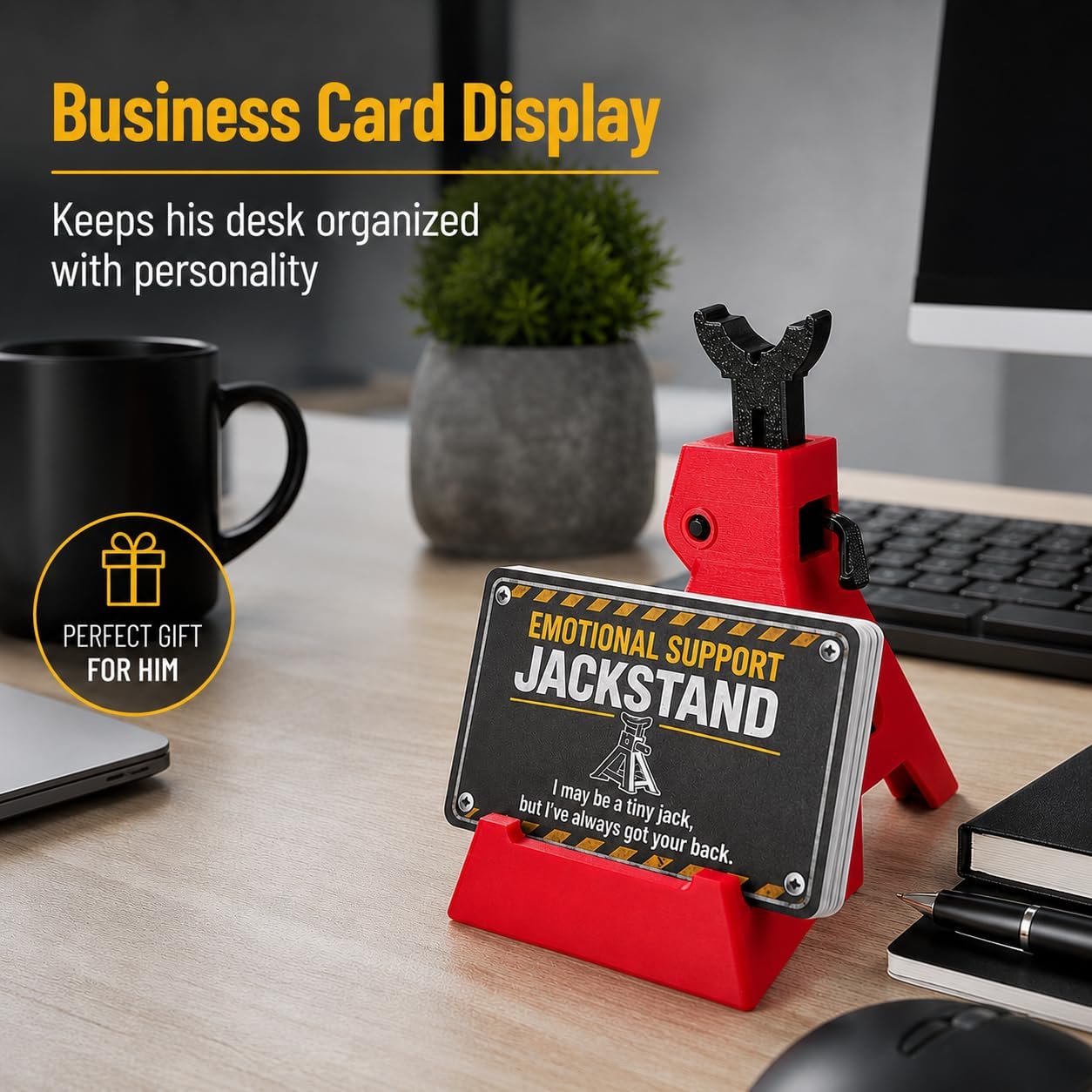 Miniature Jack Stand Phone Stand - Funny Gift for Men Dad Husband Mechanics - 3D Printed Adjustable Phone Holder & Business Card Display + Emotional Support Card for Father's Day, Christmas, Birthdays