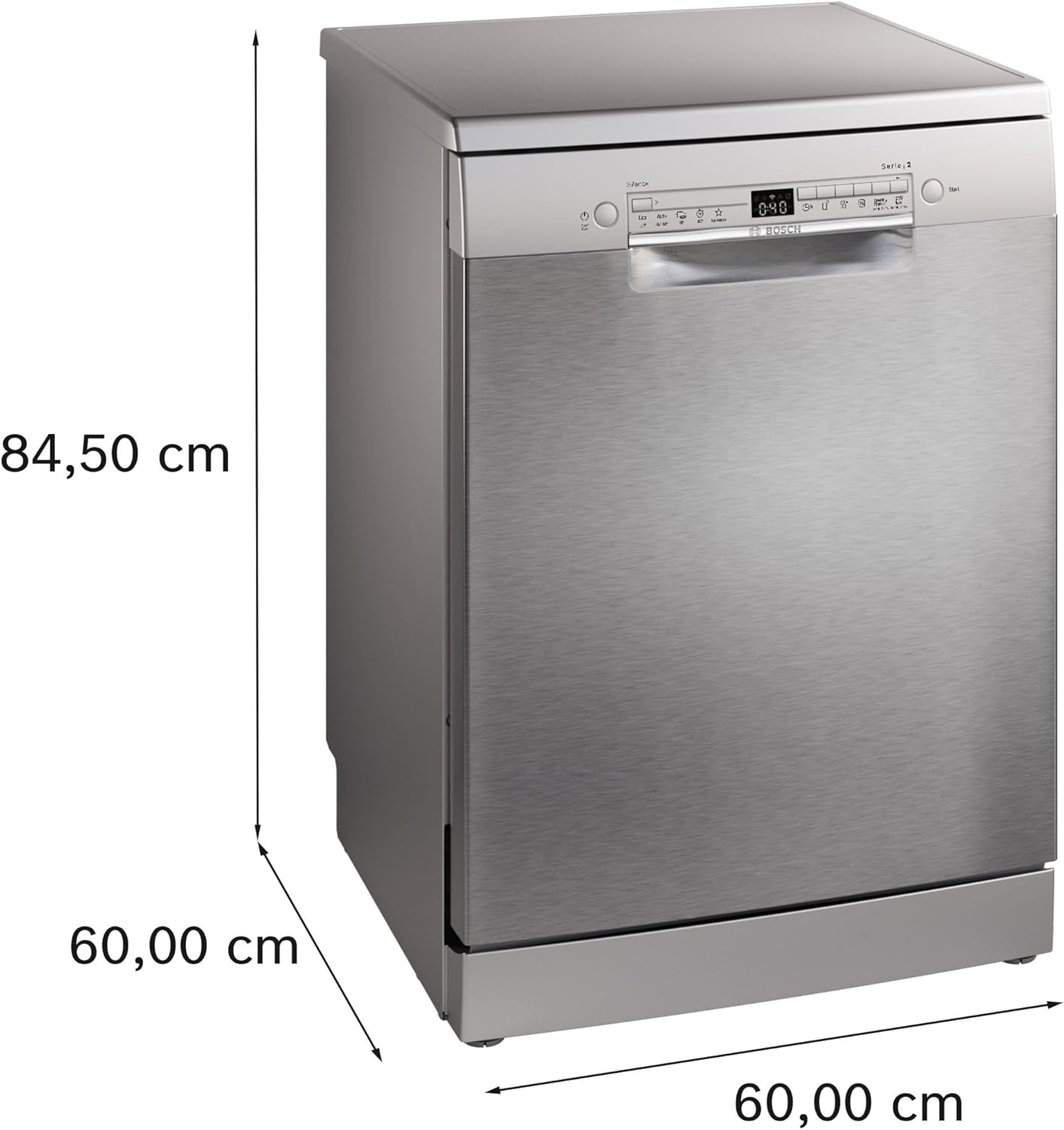 Diagram showing the dimensions of the Bosch SMS2HVI02E dishwasher