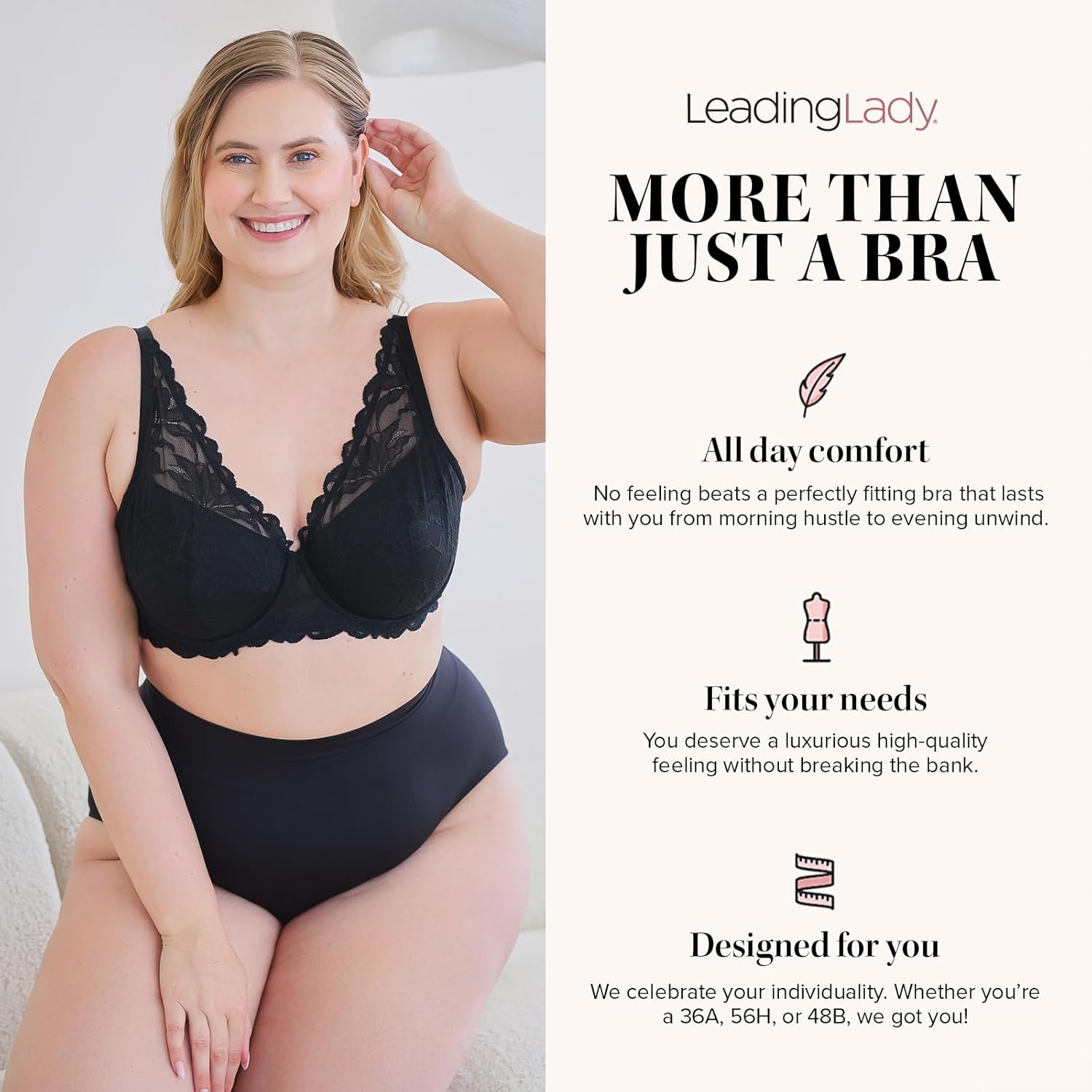 Leading Lady, Willow, Underwire Bra for Women, Lace Design, Adjustable Straps, Foam Cups, Full Coverage, Plunge, 40A-46DDD - Image 3