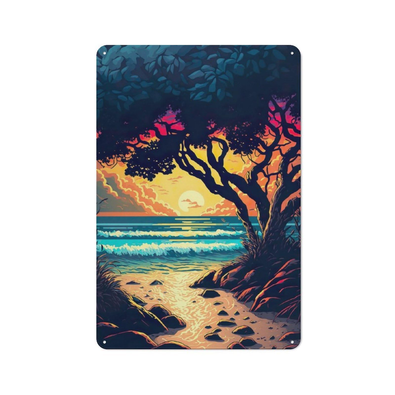 Junmoney Orange Sunset Oilpainting Metal Plaque 30X20cm With For Garage Wall, Rustic Decor, For Winter Interiors And Metal Sign Collectors