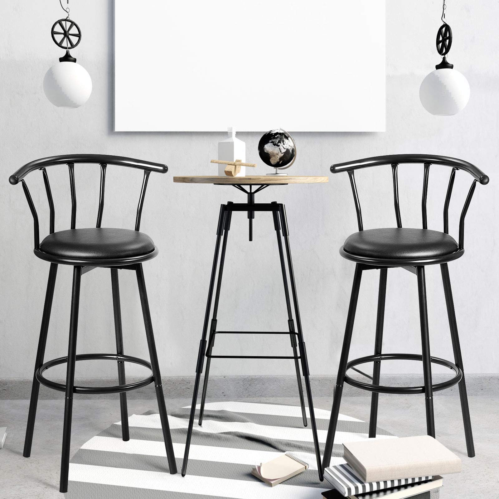 Zestaw 2 obrotowych stołków barowych o 360° z oparciem i podnóżkiem, krzesła kuchenne z metalu i skóry, wysokość 72 cm, idealne do baru, restauracji, stylowy czarny design