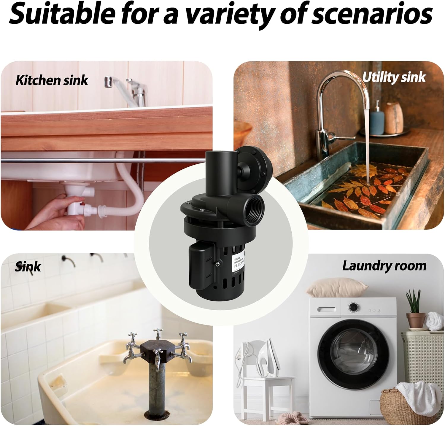 Automatic Utility Sink Pump 1/3 HP Directly Installed Under Sink, Gravity-free Drainage utility pumps for Laundry & Basement, Drain Screen, Check Valve and Ball Valve(115V)