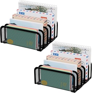 Mail Organizer Countertop 2 Pack, Metal File Holder with 5-Slot, Small Desk File Organizer for Letter, Bill, Mail Sorter, Desktop Letter Folder Holders for Office, Home, School Black