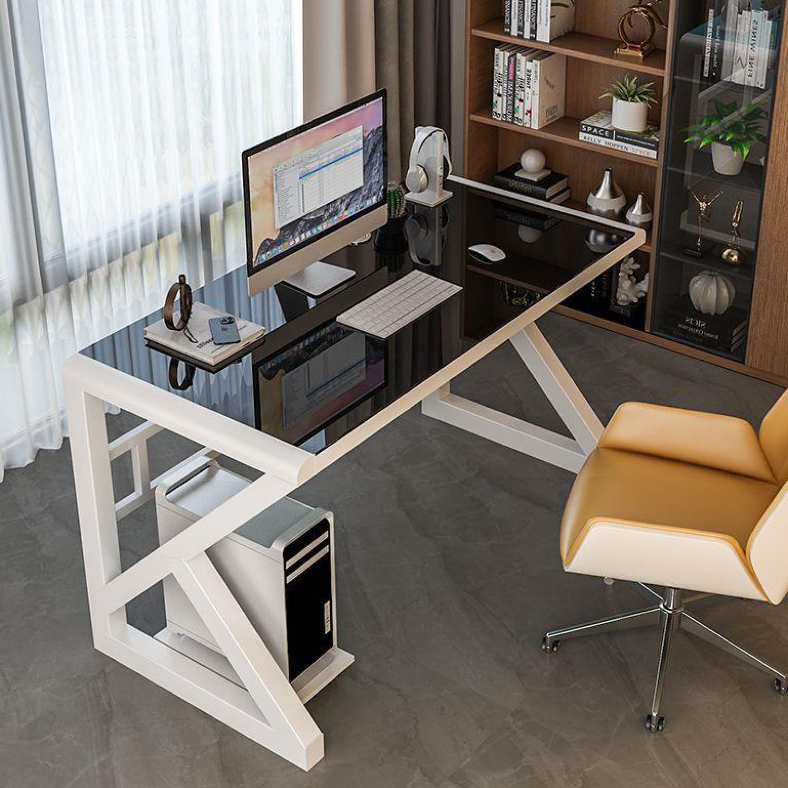 MESCXTY Tempered Glass Computer Desk, Modern Home Office Desk Gaming Writing Study Table Workstation for Office(100CM, Black+White Frame)