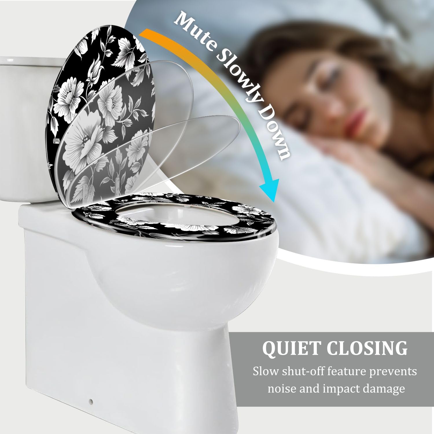 Sedile WC allungato in resina con coperchio, decorato con fiori bianchi e neri, chiusura silenziosa, cerniere a sgancio rapido.