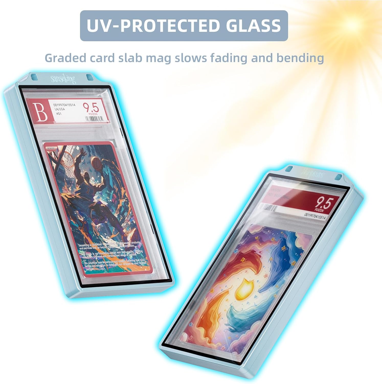 Graded Card Guard Case for BGS Slab Case for Graded Cards Metal Magnetic UV Protection Stackable Graded Card Slab Guard Glass Display Bumper Fit RPA Slabs Mags (Ice Blue,55PT)