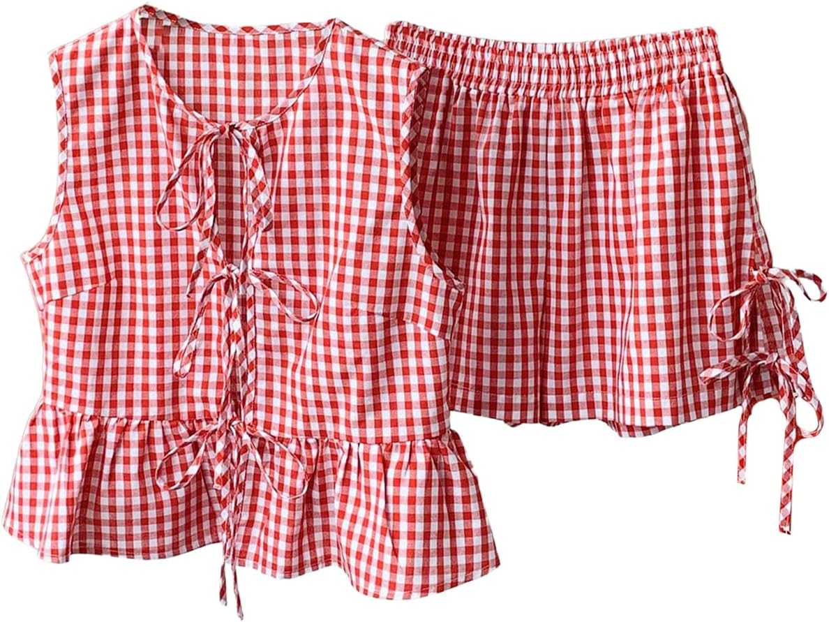 GORGLITTER Women's Gingham Sets 2 Piece Bow Tie Front Tank Top Baggy Shorts Sets Cute Summer Vacation Beachy Outfits