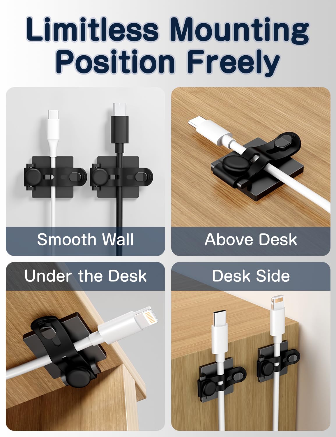 Viaky verstellbare Kabelclips, Kabel-Management, unter dem Schreibtisch mit selbstklebenden Halterungen, Kabelbinder, Mehrzweck-Kabelhalter, Kabelhalter zum Aufhängen von Schreibtisch, Auto-Wand, 10