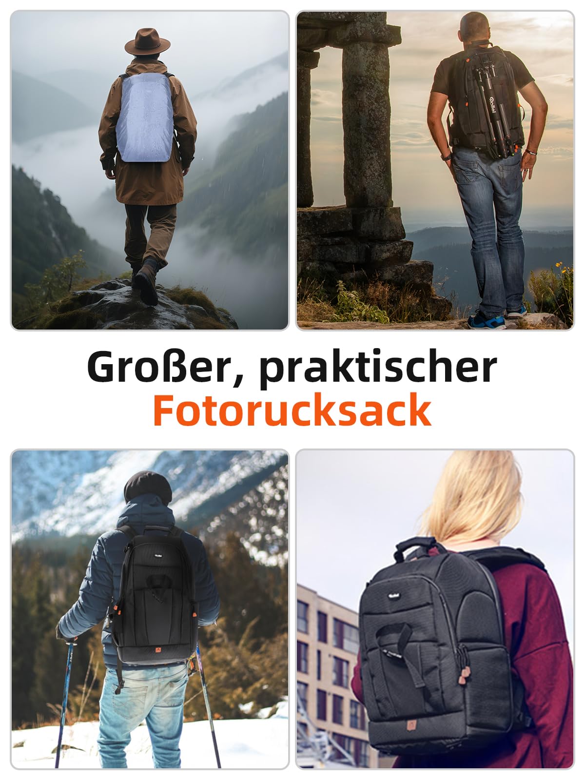 Rollei 20292 Fotoliner Fotorucksack L I großer Kamerarucksack I Daypack I inkl. Laptop-Fach,Regenschutz und Handgepäck tauglichen Maßen I Schwarz
