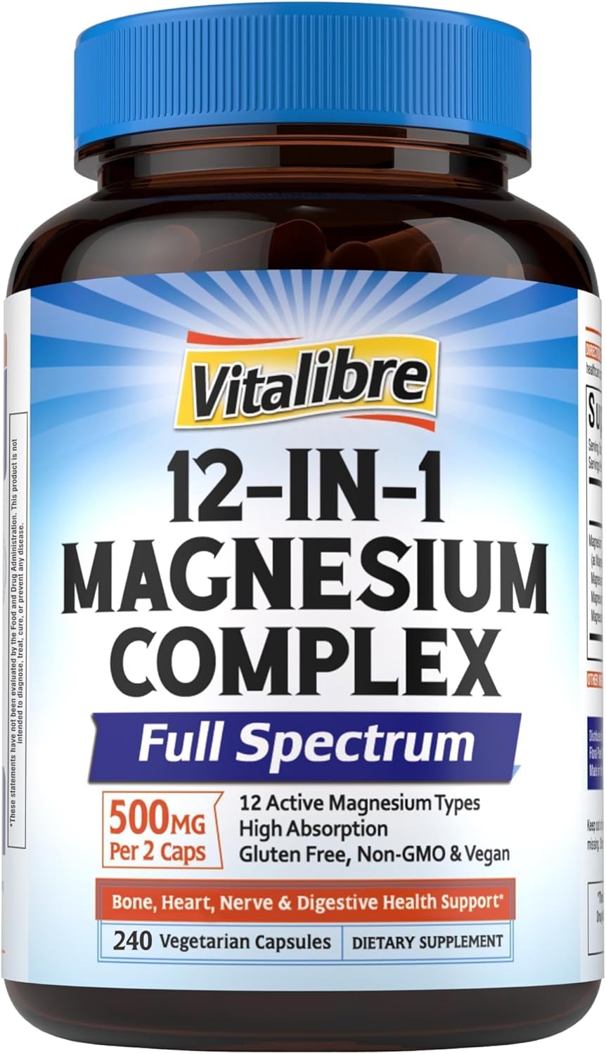 Vitalibre 12 in 1 Magnesium Complex Supplement 500mg | Max Absorption Chelated Magnesium Glycinate Citrate Malate & More for Bone, Nerve & Digestive Support | Non-GMO Vegan Capsules (240 Count)
