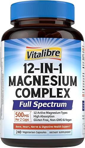 Vista 10 de Suplemento complejo de magnesio 12 en 1 de 500 mg Citrato de glicinato de magnesio quelado de máxima absorción malato y más para apoyo óseo