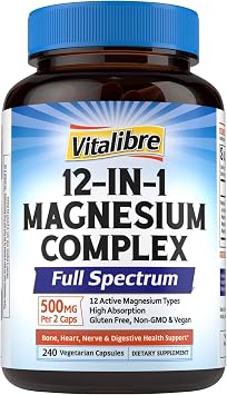 Vitalibre 12 in 1 Magnesium Complex Supplement 500mg | Max Absorption Chelated Magnesium Glycinate Citrate Malate & More for Bone, Nerve & Digestive Support | Non-GMO Vegan Capsules 240 Count