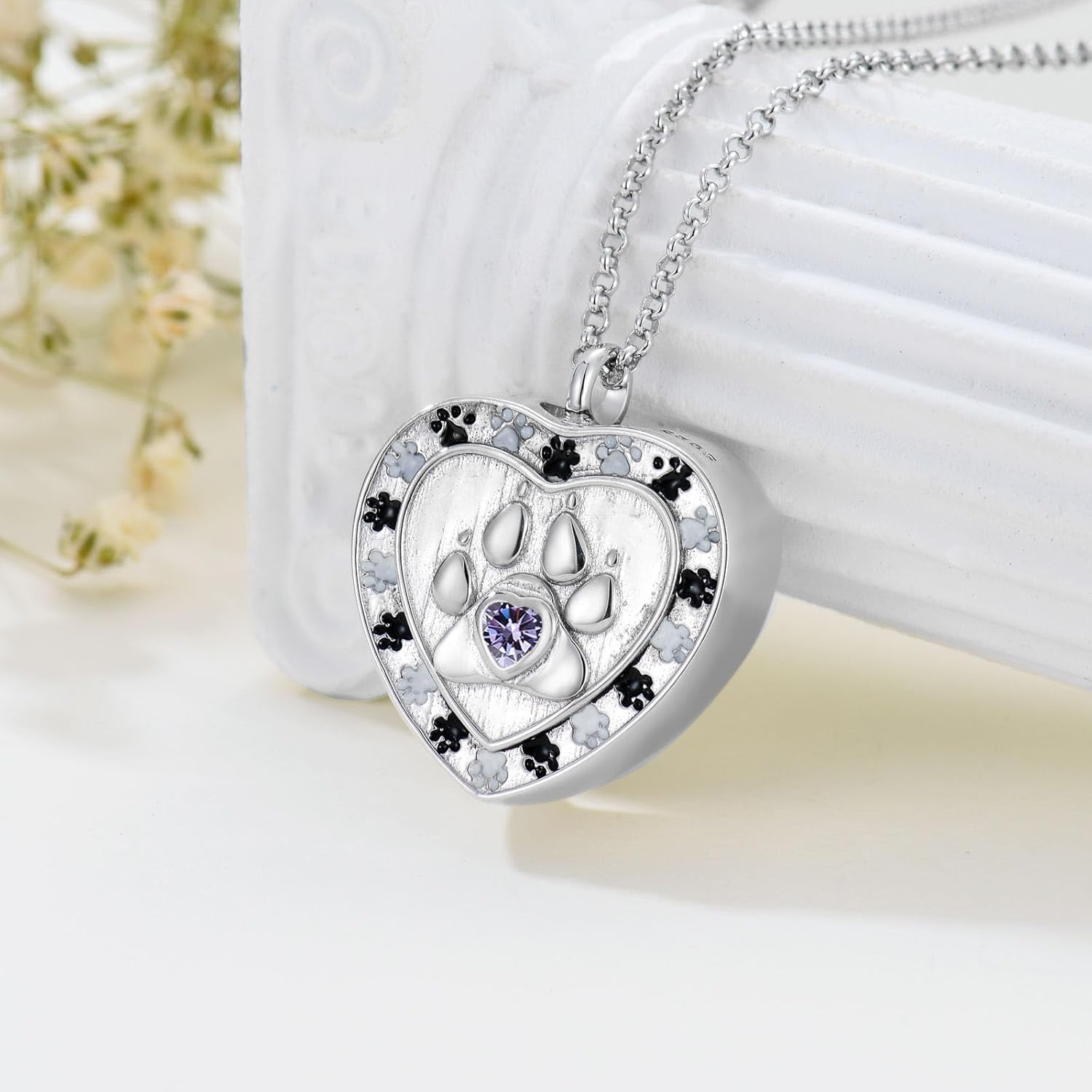 SOULMEET Memorial Pet Necklace for Ashes, Silver/White Gold Paw Print Urn Necklaces with Birthstone for Ashes Keepsake Cremation Jewelry for Pet Cats Dogs