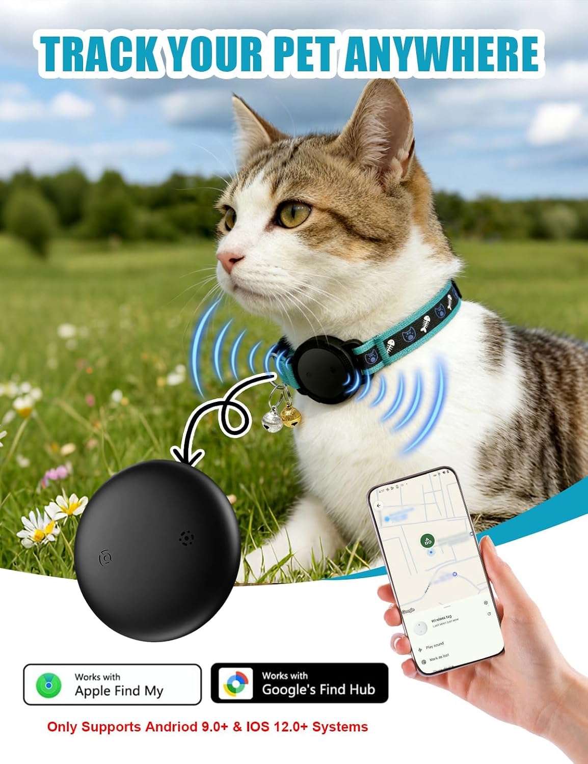 GPS Cat Tracker Collar (iOS & Android) - Dogs GPS Tracker Smart Pet Activity Tracker, No Subscription, Works with Apple Find My App & Google Find Hub, Anti-Lost for Keys, Pet Items (Blue) thumbnail