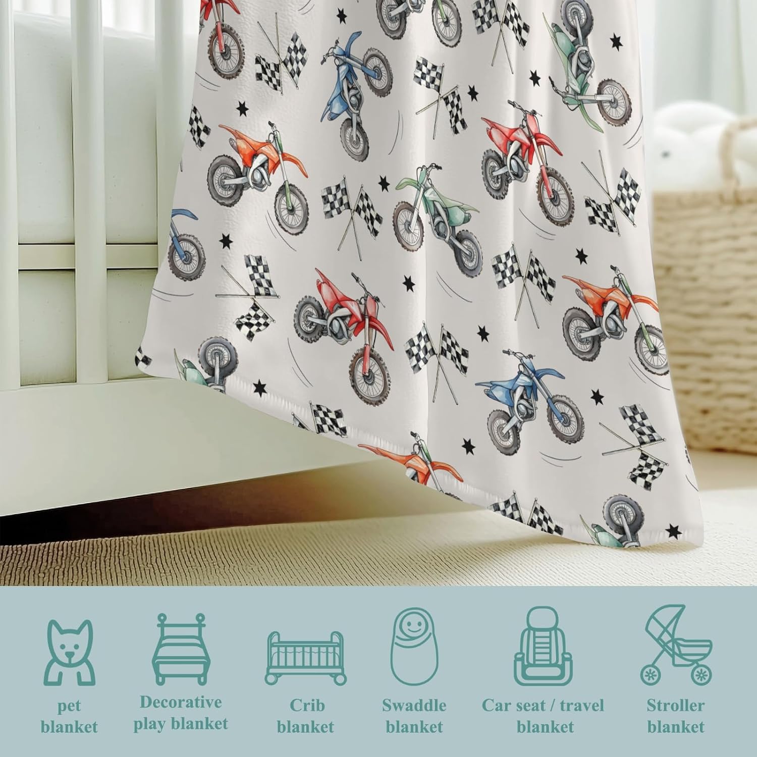 Vintage Motor Dirt Bike Baby Blankets for Boy Girl Cute Race Bikes Plaid Checker Flag Stars Flannel Blanket Fluffy Blanket for Baby Newborn Infant Toddler Kid Crib Bedding Bike 40x50inch