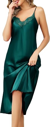 Lovasy Silk Nighties for Women Lace V Neck Satin Nightdresses Straps Long Chemise Negligees Ladies Full Slips UK Size 6-24