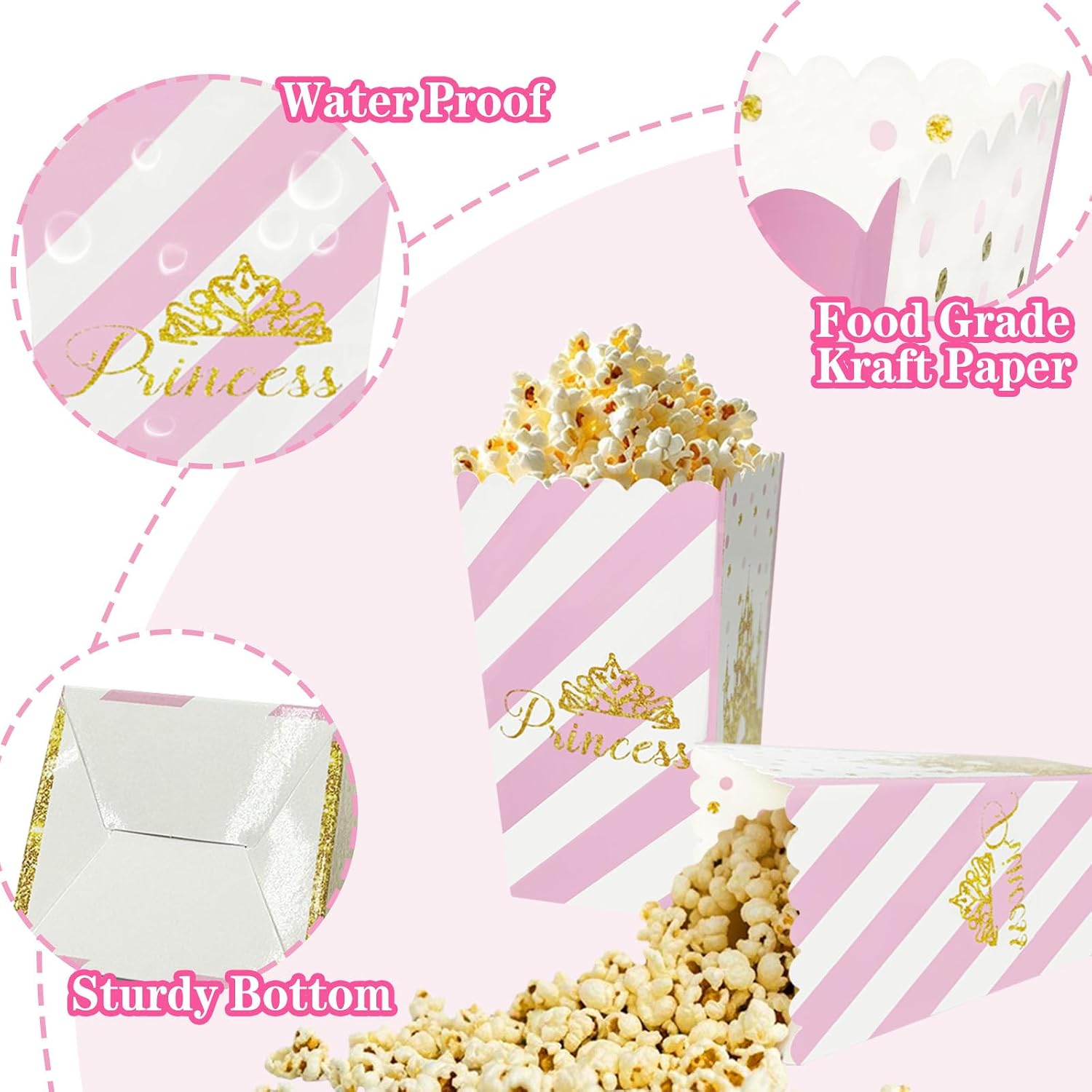 24 PCS Pink and Gold Princess Popcorn Boxes, Princess Crown Birthday Favor