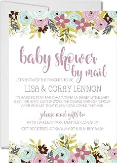 Girls Lavender And Mint Baby Shower By Mail Invitations, Virtual Baby Shower Invitation Card Sets With Matching Return Address Labels, Far Away Baby Shower Invitations For Girls
