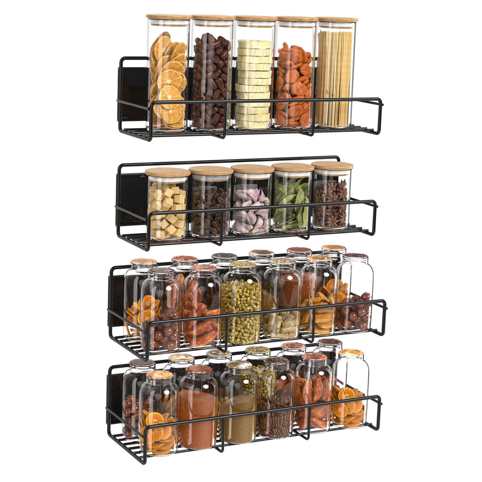 Étagère Magnétique pour Réfrigérateur 4 Pièces en Acier au Carbone Noir | Rangement Latéral, Design Creux, Charge 3, 6kg, pour Épices et Bouteilles