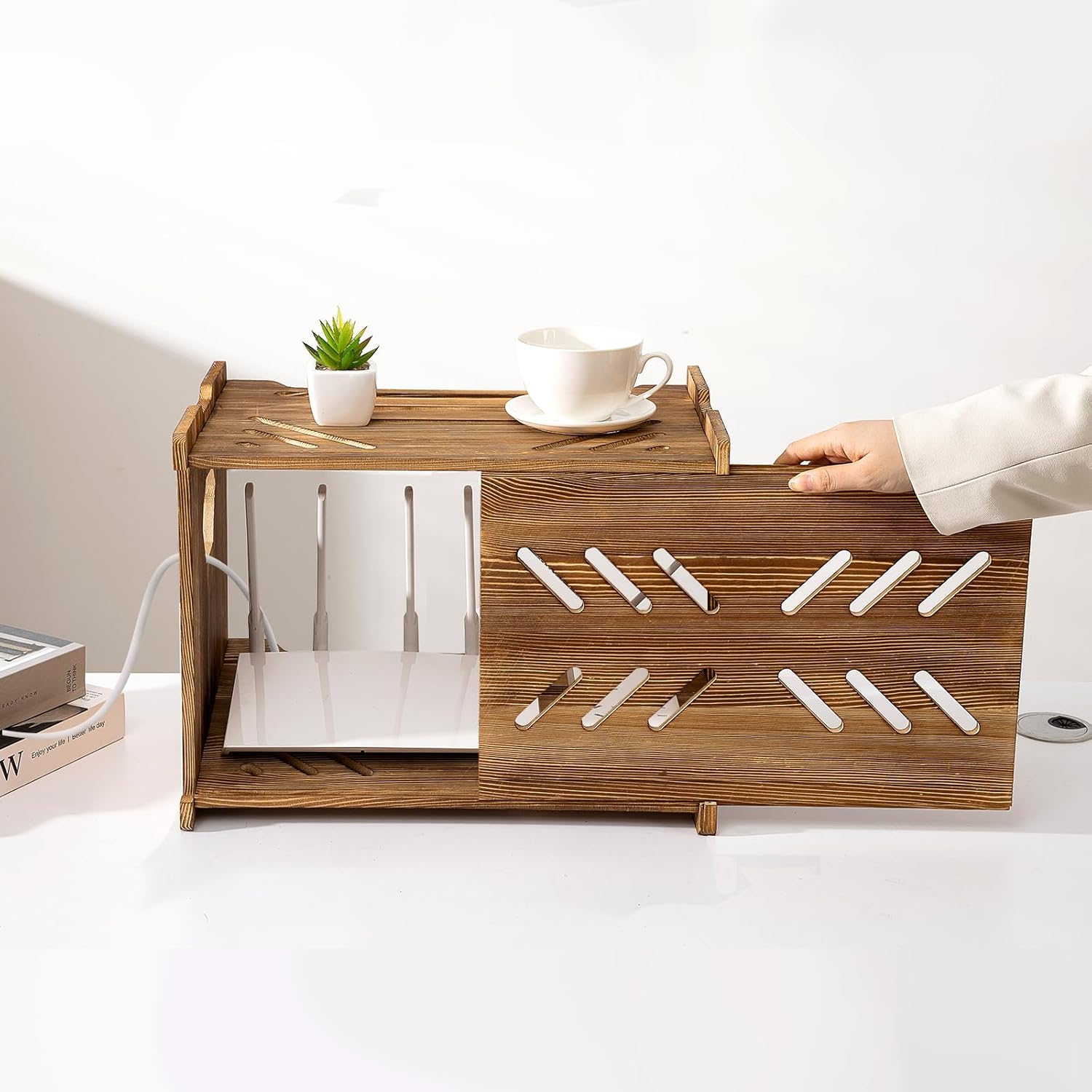 Solid Wood Projector Shelf Router Shelf Projector Stand Router Storage Box Router Cover Organized Modem Cable Power Strip Cable Management Hider Rack by Need Assembly (Rustic Brown)