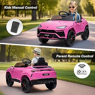 Rock Wheels Licensed Lamborghini Urus Ride On Truck Car Toy, 12V Battery Powered Electric 4 Wheels Kids Toys w/Parent Remote Control, Foot Pedal, Music, Aux, LED Headlights, 2 Speeds (Pink)