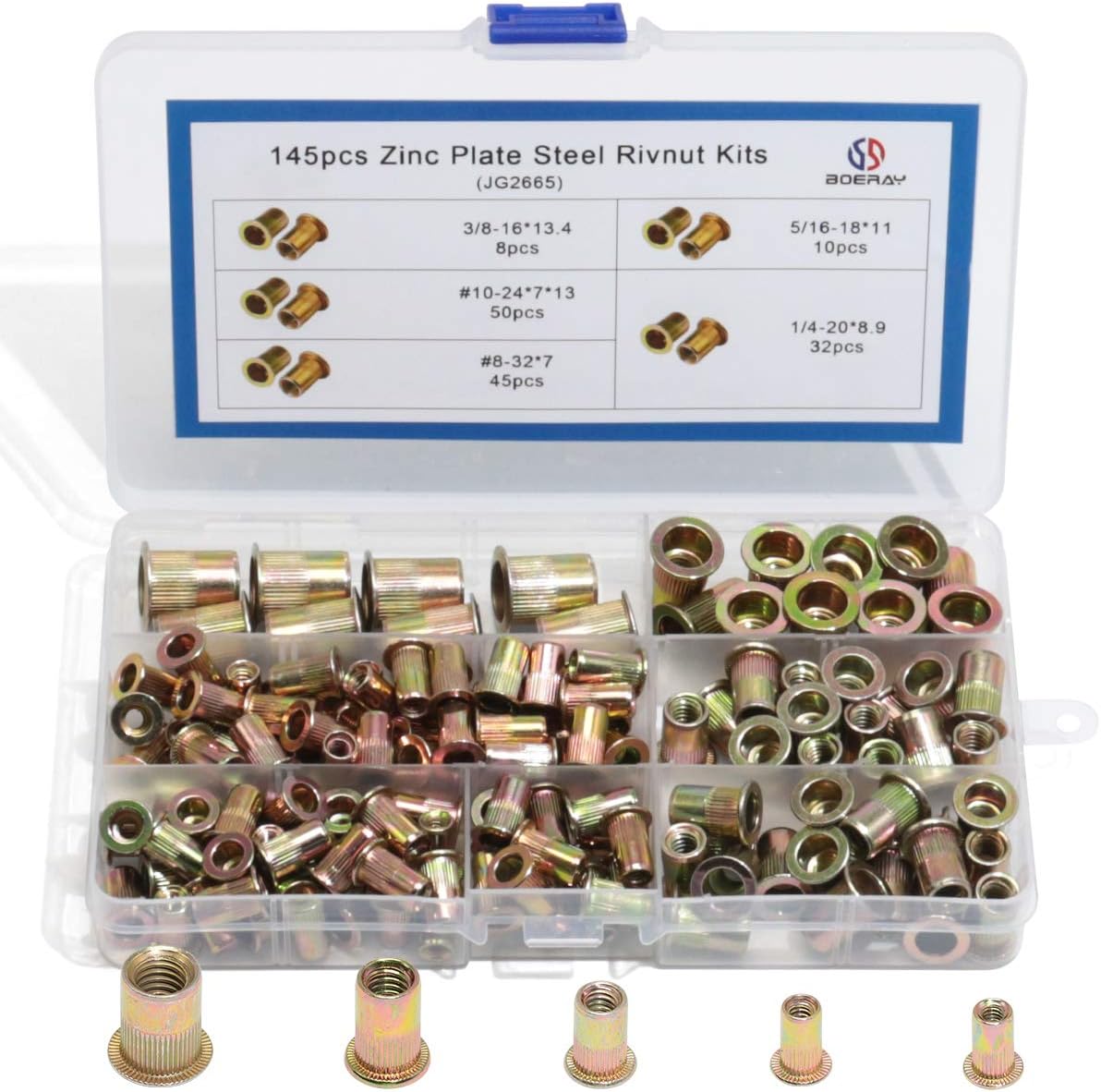 Boeray 145pcs #10-24#8-32 1/4-20 5/16-18 3/8-16 Yellow Zinc Plated Finish Carbon Steel Rivnut Flat Head Threaded Rivet Nut Insert Nutsert Cap Rivet Assortment kit