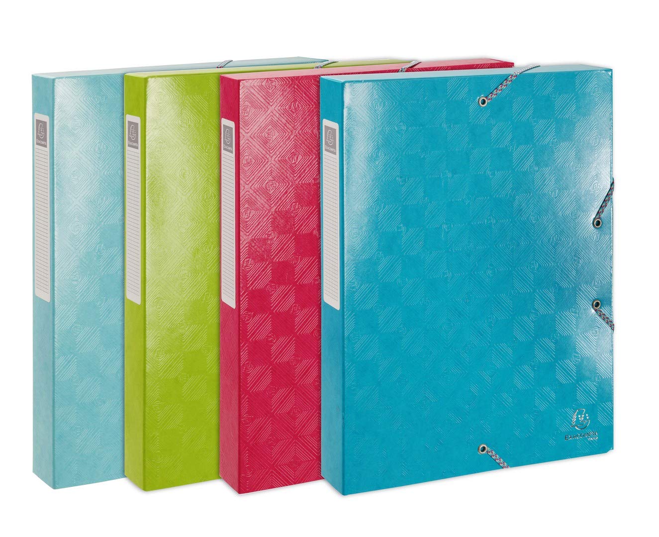 Exacompta - Ref. 59230E - 4 filing boxes with rubber bands in glossy embossed laminated card 1928 - 4 cm spine - dimensions 25 x 33 cm - for A4 - assorted colors - delivered assembled