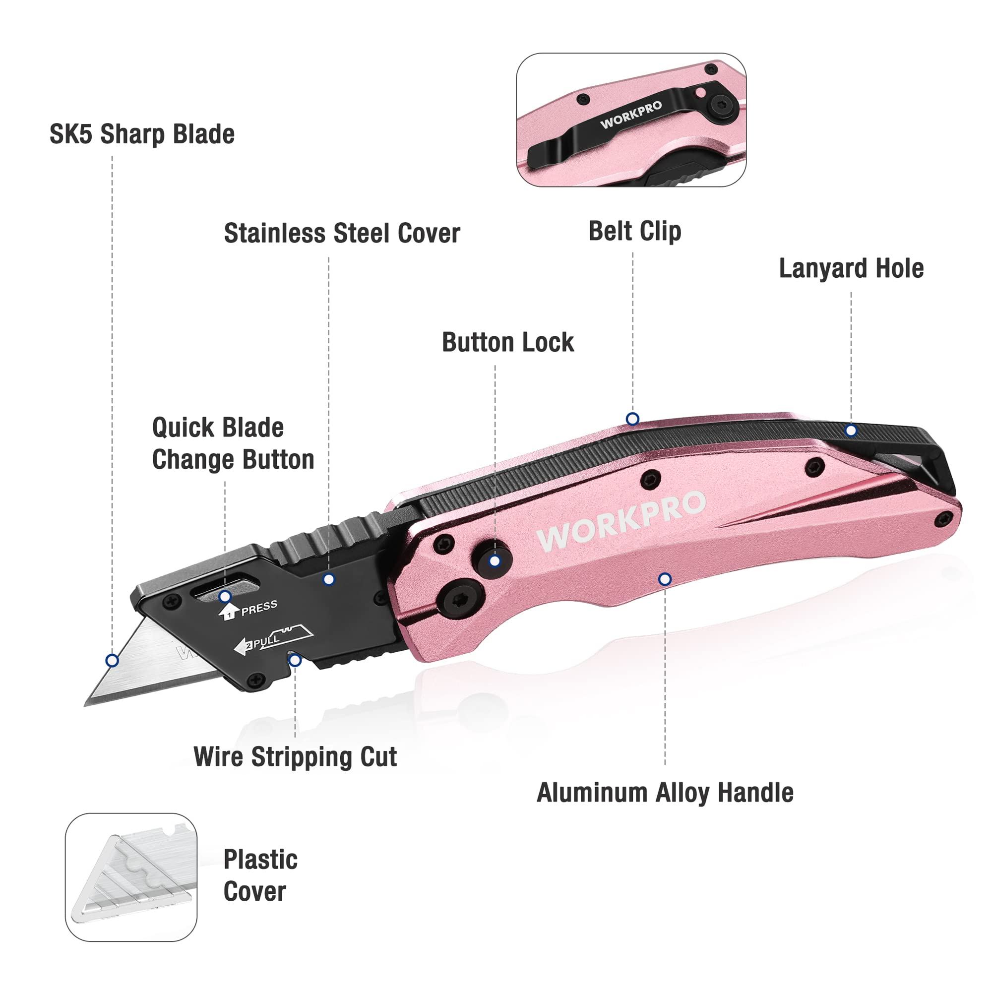 WORKPRO Klappbares Teppichmesser, Schweres Universalmesser aus Vollmetall, Schnellwechselklinge Cuttermesser, Schnelles Öffnen Achsensperre & Sichere Verriegelung, mit 10 zusätzlichen Klingen, Rosa
