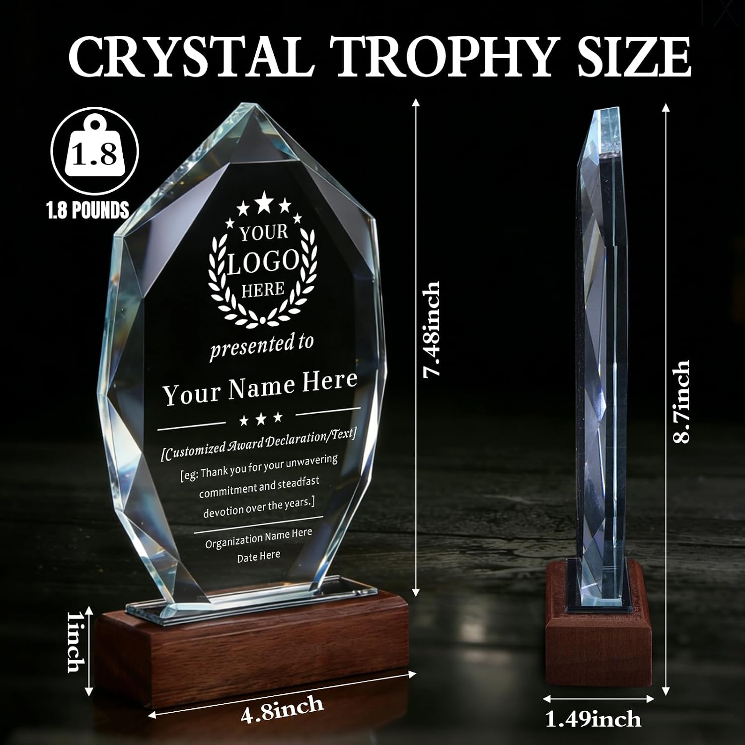 Ship Next Day, Custom Crystal Trophy - Personalized K9 Crystal Trophy with Company Logo & Text Employee Name, Engraved Award for Employee Recognition, Years of Service, Leadership, Appreciation